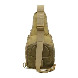 Tactical khaki camouflage chest bag featuring breathable mesh back and adjustable strap