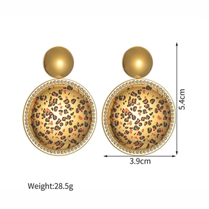 Detail of round leopard print earrings in gold with rhinestones, size 5.4cm by 3.9cm
