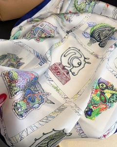 Detailed texture of silk square scarf featuring colorful hot air balloon and building prints