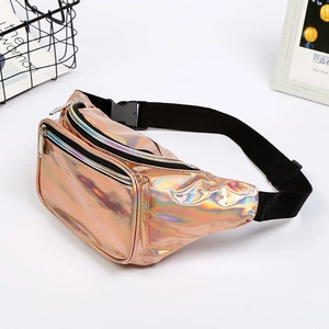 Iridescent laser fanny pack in rose gold PVC with adjustable black strap for women