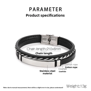 Close-up of braided leather bracelet with stainless steel plate, 210mm length