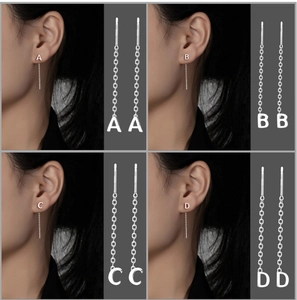 Detail view of S925 sterling silver long tassel ear wires with A B C D letter charms