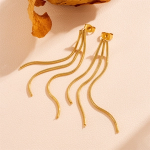 Elegant gold stainless steel tassel earrings featuring multiple wavy chains on a beige surface