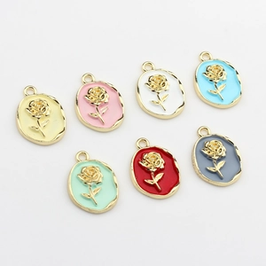 Oval colorful enamel rose pendants with gold frames for DIY jewelry necklaces and bracelets