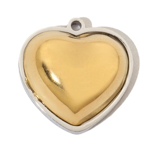 Macro detail of a heart-shaped two-tone metal pendant with gold and silver finish