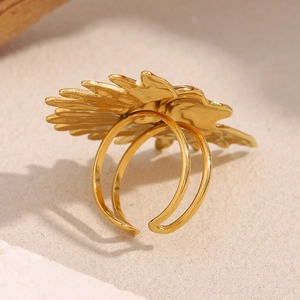 Detailed close-up of 18K gold plated stainless steel sun flower open ring for women