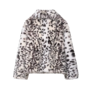 Women's leopard faux fur jacket with black and white spotted texture, back view shown