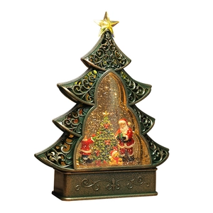 Green Christmas tree musical snow globe with Santa and golden scroll patterns