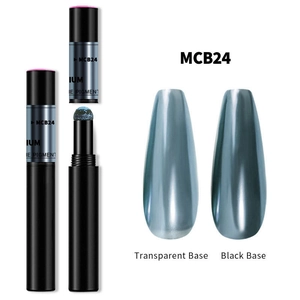 Detailed comparison of MCB24 blue-grey chrome nail powder on black and clear bases