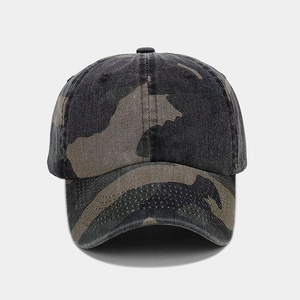 Close-up of camouflage baseball cap featuring washed cotton fabric and six-panel crown structure