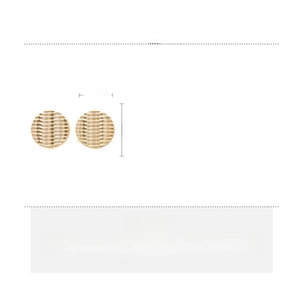 Detail view of gold textured acrylic earrings with dimensions and material specifications