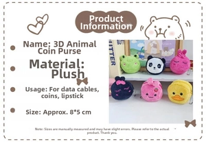 Detailed view of mini plush animal coin pouch size 8x5cm for cable and lipstick storage