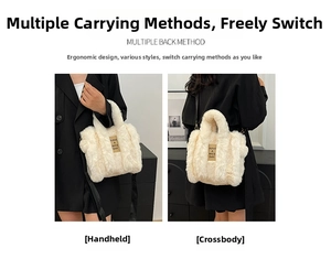 Detail of plush tote bag showing versatile carrying styles and soft faux fur texture