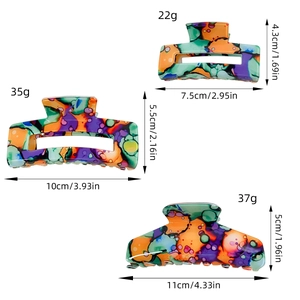 Three watercolor floral hair claws in small, medium, and large sizes with dimensions