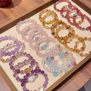 Beaded Bracelet Natural Stone Crystal Artificial Pearl Alloy Charm Elastic Retro Sweet Style Women Hand Jewelry