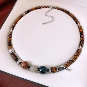 Handmade Ethnic Beaded Necklace With Tiger Eye Stone Wood Beads And Blue Glass Round Beads Retro Style Jewelry For Women
