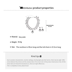 Detailed size specifications for silver necklace set with teardrop resin pendants