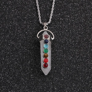Hexagonal white crystal pillar pendant necklace with seven colorful chakra stones