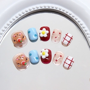 Colorful cartoon bear and floral press-on nails set with cute dots and plaid patterns