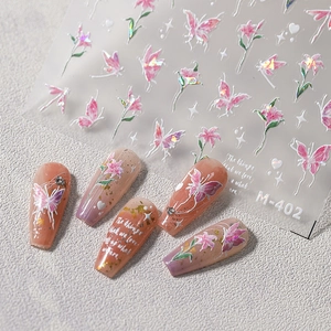 Self-adhesive nail art stickers M-402 with pink butterflies and floral rose patterns