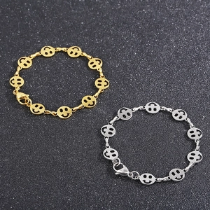 Polished titanium steel smiley face pendant chain bracelets in gold and silver finishes