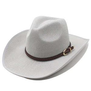 Light gray woven western cowboy hat with wide brim and decorative brown leather belt