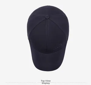 Top view of navy blue baseball cap with sports embroidery and six-panel stitching