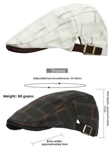 Detail view of cotton-linen flat caps with adjustable metal buckle and size specifications