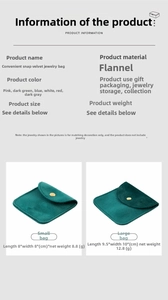 Detailed size specifications for thick velvet jewelry pouches with snap button closure