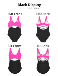 Close-up of girls' one-piece swimsuit featuring contrast pink and black color blocking