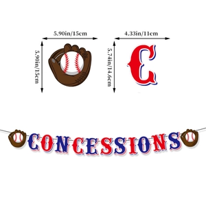 Detail view of baseball party concessions banner showing glove and letter size measurements