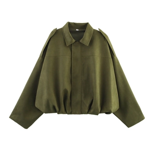 Army green faux suede bomber jacket for women in size S with a classic turn-down collar