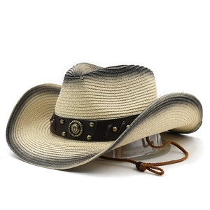 Western straw cowboy hat with gradient brim, brown leather rivet band and chin strap
