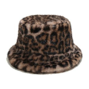 Stylish leopard print faux fur bucket hat for women winter warm plush fisherman cap