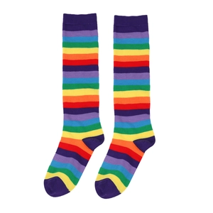 Detail of vibrant rainbow striped knee-high cotton socks for parties and cosplay