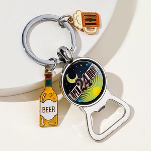 Metal bottle opener keychain with OPEN 24 HOURS logo and beer themed enamel charms