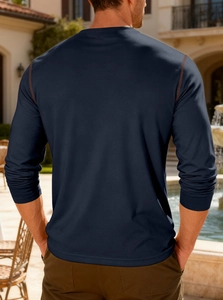 Detailed back view of navy long-sleeve Henley shirt with contrast orange stitching