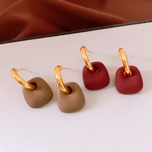 Chic matte trapezoid drop earrings set in burgundy and khaki with gold metal hoops