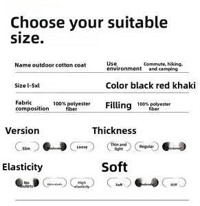 Detailed chart for men's padded jacket showing material specs, colors and sizes