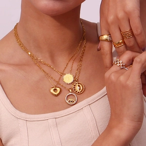 Layered 18K gold plated stainless steel heart and evil eye pendant necklace with rings