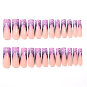 24-piece long coffin press-on nails featuring 3D French purple gradient feather design
