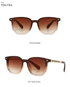 Detail view of retro pilot sunglasses with tea gradient lenses and gold arrow metal accents