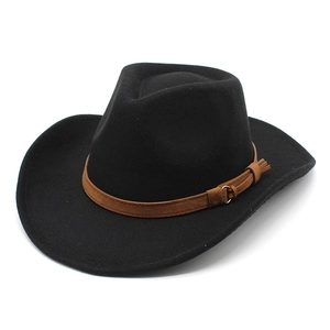 Western Cowboy Hat Wool Felt Wide Brim Fedora Jazz Cap With Leather Band Windproof Rope For Women Men