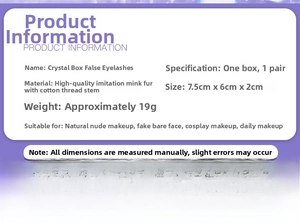 Detailed specifications for reusable faux mink eyelashes in a crystal storage box