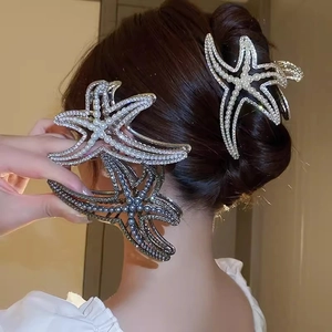 Starfish Hair Claw Clip Alloy Faux Artificial Pearl Rhinestone Large Shark Clip French Elegant Ocean Style Headpiece For Women