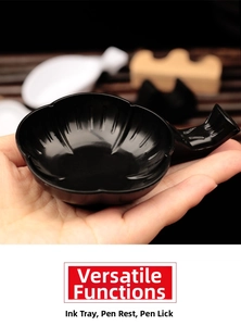 Black plastic plum blossom ink dish with brush rest for calligraphy and painting