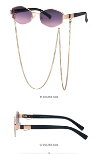 Detail view of hexagonal gold sunglasses with purple lenses and chains at 45 and 90 degrees