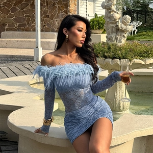 Slim fit light blue lace dress with feather off-shoulder neckline in outdoor setting