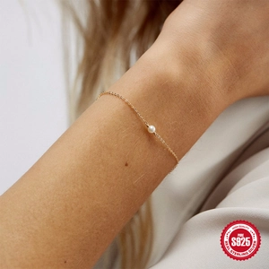 Minimalist S925 sterling silver gold chain bracelet with a single round pearl accent