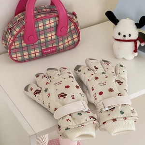 Winter ski gloves with cute Christmas patterns and adjustable wrist straps for warmth